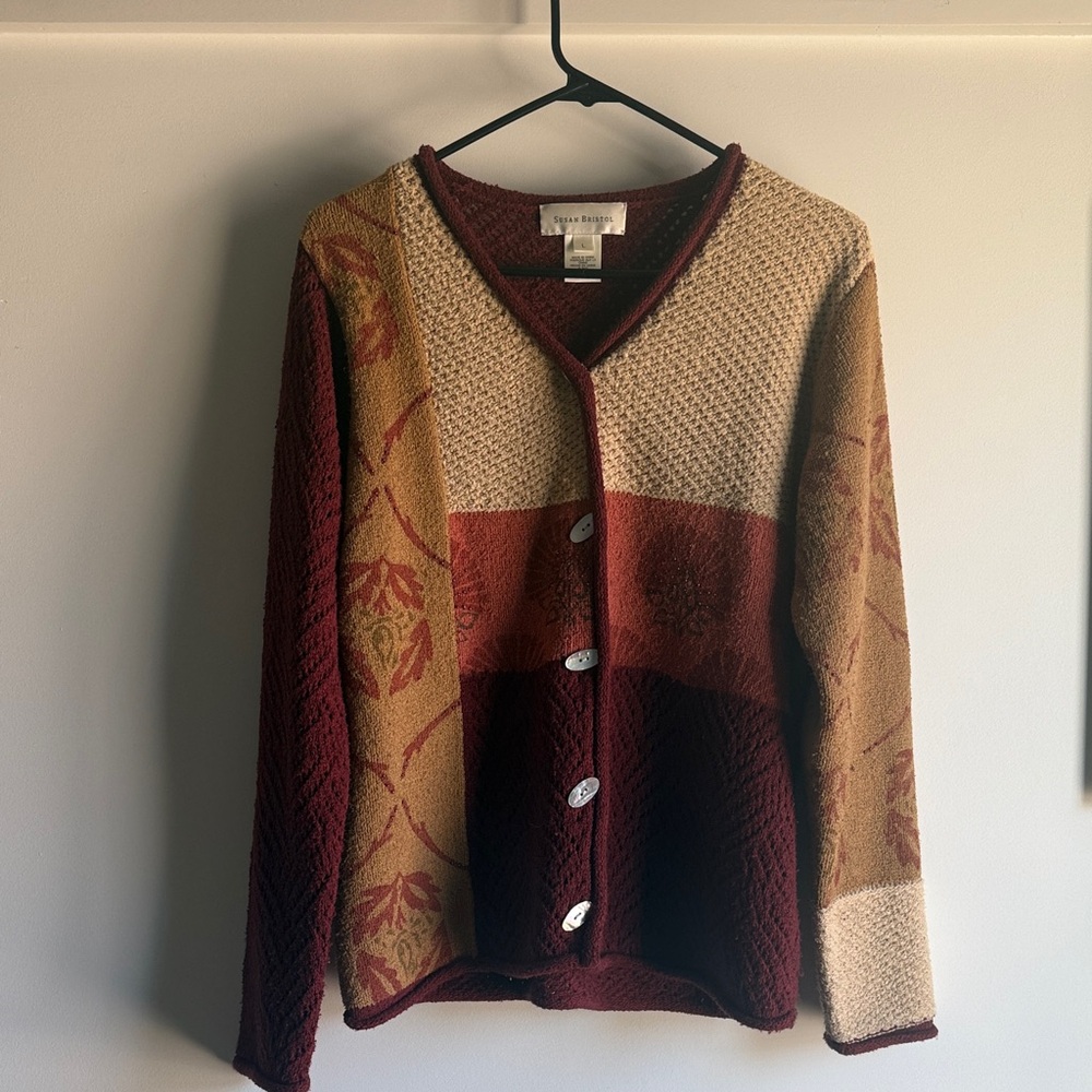 Susan Bristol Burgundy and Beige Cardigan